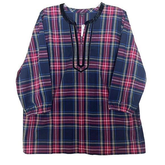 Talbots Blouse Tunic Top 3X Split Neck Tartan Cabin Plaid NWT Black Velvet Trim - Picture 2 of 10